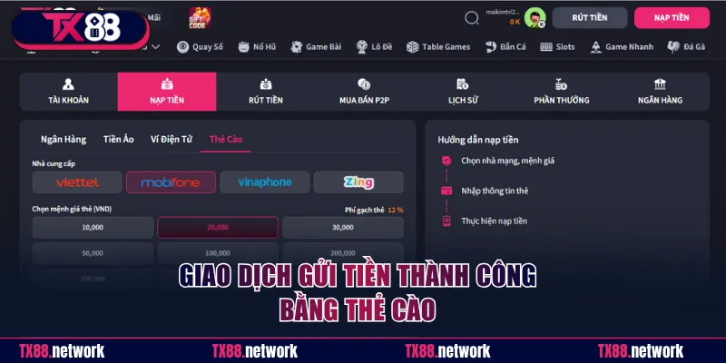 Giao dịch gửi tiền thành công bằng thẻ cào
